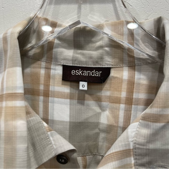Eskandar Wide Fit Plaid Tan High Neck Button Down Shirt Size 0 - Picture 3 of 8